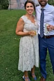This dress was perfect for my outdoor, small, beer garden wedding in August. I wanted something short and classy and it certainly fit the bill. Ordered a L and a M, but the M was a better fit. It was a little snug right around the waist/belly button, but loosened up after having it on for a little bit. I didn't do any alterations, but could have taken the shoulders up just a bit. It was longer than knee length on me, but worked okay. Can't really be shortened because of the hem. Pockets were a great addition, just not a super sturdy fabric for anything heavy (worked great for a hanky and my vows!). We didn't end up using the hook on the zipper because it fell funny when zipped up. I also could wear a normal bra with this dress, which was a huge plus. I got a TON of compliments on it and it was so so comfortable (my mom remarked that I didn't pull at it once all day and I had it on from 2 - 11 pm! - Kerry S.