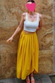 I bought this skirt for vacation. The fabric is very light and breezy, but not see through. It does wrinkle quite a bit, so be prepared to de-wrinkle. The length was great. The slit was also a nice size, not too high. My only gripe was that it came too big, so I took it to a tailor to have the waist taken in. Overall, a very cute piece to have! - Anna S.