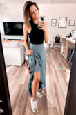 I'm obsessed with this skirt and so is everyone else! Nothing but compliments.
Comfortable and light weight. It is longer and drags on the ground a bit if you don't wear heels but it's not too much. Easy to hold in your hand while walking. Definitely buying in another color. - Ashley R.