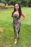 Very shiny, lightweight material that was perfect for a formal Labor Day weekend wedding in the Midwest! Everyone kept asking where I got my dress from as it's so unique yet classy. Perfect midi length even on a petite person such as myself! No stretch, so keep in mind if you are more hourglass figures like myself. Love this dress and all the compliments I received. - Stephanie F.