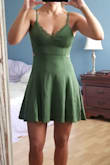I really like this dress..green..nice back detail and adjustable straps...I'm 5'3 34B/C and I don't have a lot body fat..This dress fit me nicely. Wouldn't mind if lil bit shorter length but still great - Alessandra B.