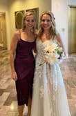 I ordered it for my friends wedding, and was stressing it would not arrive on time, it came that day, it fit perfect in all the right spots, the straps are adjustable. Sitting you need to cross your legs bc the split is really high when you're sitting in a chair. Very comfortable, could of danced all night in it! - Christine H.