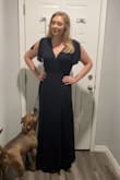Don't be worried about the split!! It is more coverage than I thought!! It is a beautiful black dress, flowy fabric and hugs everything perfectly. It fit like a glove and is very long!! I could wear heels and that's rare to find something long enough. This would be great as a bridesmaid dress, date, wedding, Everything. - Natalie F.