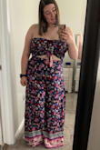 I absolutely love this set! I got this in an XL and there is still a ton of stretch for larger busted people on the top. The pants are super long but I plan on wearing them with a heel. - Kati B.