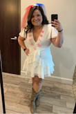 Loved this sassy number for my bachelorette party! I will say, if you're well-endowed in the booty, it is a smidge on the short side, but I just wore some Spanx shorts underneath & rolled with it! The fabric is fun & flirty, and the dress shows off your shape well without being super clingy. It is double lined, so not see through. I wore nude undergarments & never had a problem. I would definitely recommend this dress to other brides! - Kelly R.