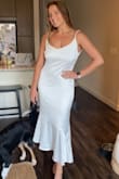 This dress is really pretty but I returned it. I ordered a size too big, but on top of that, it doesn't really move with your body, so it isn't flattering at every angle. It's also kinda thick which doesn't help the cause. BUT if it fits you right, it will look gorgeous! - Ashley R.