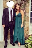 The dress is a beautiful color! It is a little challenging to get into, so I recommend having someone tie up the back. I'm 5'7'' and wore 3'' heels and it was the perfect length. I ordered the dress in a medium. - Kristin W.