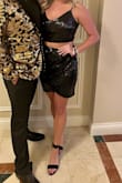 I wore this outfit out in Vegas & it was so beyond perfect! The skirt is so flattering and hid my pudge LOL I loved the sparkles. It looked great in pictures as well!! 
I was nervous that the sequins would scratch my arms, but they didn't bother me one bit. I plan to wear this again for future bachelorette trips!! - Madyson
