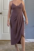 This dress is fabulous. I have a smaller chest and hold weight in my stomach area which always make dresses too fitted in the belly and too large up top. This dress is perfect. It's fitted enough but has the layered look that creates comfortable coverage and also has adjustable straps for different sized chests! Even at 5'1" and a half, the length is perfection. - Ashton P.