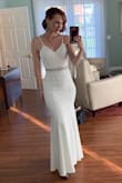 I eloped and got this dress last minute. It fit perfectly. No alterations needed. I also wore a 4 inch heel, so it was the perfect length with the mini-lace train. I added a belt because I'm long waisted and wanted to have a more of a figure in the middle. It is a bit see through up top, so you have to wear little flower covers or a sticky bra. Also, it's not perfectly white. It's a very soft off-white. The material is so comfortable as well. Obviously, I can't say enough good things about it. - Chesney C.