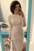 I was really nervous about ordering a wedding dress online. Especially because of the lace arms. But once I put it on, I was so in love. It fit perfectly. The only thing that I would change about it is the trail but that's because I'm 5'2 so I feel like it looks longer than what it actually is. - Angie G.
