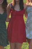 I bought multiple skater dresses to try on, but this one was BY FAR my favorite! I originally ordered a small, and it fit fine (just a little loose around the waist), but I thought an extra small would be more flattering. It definitely was! There's a weird seam near the nipple, but it didn't really bother me. I didn't wear a bra because the dress has adjustable straps, and the fabric was thick enough. The fabric is very high quality. I wore black shorts and no bra and nothing showed through. I wore this to homecoming and jumped up and down without the dress flying up and showing my shorts or bottom, and nothing flew out the top. My breasts (what exists of them, at least) felt supported, but that's definitely due to the adjustable straps. I love this dress and highly recommend it! - Isabella V.