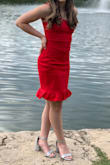 Beautiful classy red dress! Not too short and not too tight! Just right!  My 15 yo daughter wore it for her high school homecoming. - Stacey P.