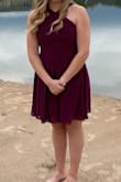 The straps were too long and had to be shortened 3 or 4 inches. The chest was also too big and we took an inch off of each side. It was easy enough to do at home. The waist and length were perfect. Very flattering. - Mae K.