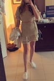 I'm 5'4 and around 130 and I got small. It fit perfect ! The shoulders fell down a little but it was super comfy - Loren M.