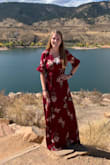 This dress fit really well around my waist and chest, but was super long on me so I will need to get it tailored. I didn't have time to before my friend's wedding so I wore extra tall heels which did the trick. The dress is gorgeous and I got a ton of compliments! The colors match the online photos, and the tie is a little confusing at first but easy once I looked up how to do it. The top was a bit too low for me for a wedding so I wore a tank top underneath to feel more comfortable (would be fine as-is for a dinner out). I would definitely recommend this dress to anyone looking for a classy, flowy, comfortable dress! - Amanda S.