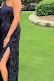 This dress was perfect for a fall black tie optional wedding that I attended. I am 5'8 and a 34 D and a small fit perfect with 2.5 inch heels. I got many compliments on it and the dark velvet appliqué floral pattern really hides any unwanted lines (I'm 6 months PP) and it made me feel great. - Natasha B.