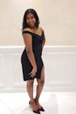 This dress is so cute and sexy! I haven't worn an off the shoulder before so this was fun. It's super comfortable, it would only ride up a tiny bit when I went to sit down. I wore spanx with it but the slit isn't high. Also you don't need a bra at all! - Sahira B.
