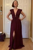This dress is enchanting and so comfortable! The underside is lined with silky, satin-y material and the skirt is flowy and airy. My only qualm is that the skirt slit is kind of awkward to walk in because it is centered instead of to one side. - Sophia C.
