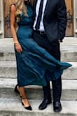 This dress is a crowd pleaser! Simple, cute, trendy, Catholic wedding appropriate, and comfortable. A win-win! The color is somewhere between emerald green and teal though. 10/10 would recommend! - Ella H.