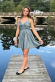 My 13 year old wore this dress for homecoming. We had to order it last minute because we couldn't find any dresses locally. We used a couple of safety pins to adjust the low neckline (didn't have time to get it altered). The material is nice and heavy. I suggest using a sheet to cover the car seat. My car looks like a glitter bomb went off. - Daniela K.