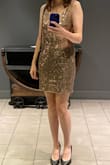 The dress was beautiful, true to color & size, and got me a lot of compliments. The waist wasn't quite at my natural waist but that happens with all dresses when you're 5'9". Medium fit well. The only little thing about the dress is that the shoulder straps were a tiny bit loose and weren't adjustable, but it wasn't a big deal and I just wore it anyways as-is. The dress is also very well-designed in that you won't be scratched by sequins at the armholes, they thankfully put a little border of soft cloth around every edge, which isn't noticeable to others but a life saver for you. - Julia C.