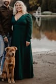 I bought this dress for engagement photos and it is truly beautiful. It's very light and airy while on, the color is brilliant, but they don't lie by saying deep plunge neckline. I tried to pin it quickly before the photo shoot because my ladies run large as of late. I never received so many compliments on a dress before like this one! It may have been a little snug for me, but I think that was poor measurements (and a little denial) on my end. Very flattering shape for curvy women! Just take proper measurements. - Lindsay M.
