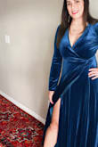 The material inside is like butter and outside gives an irresistible sheen. So many compliments. Very long and elegant. Wore to a Military Formal Event. My husband was pleased. Excuse my dirty mirror lol! Have fun! - Naomi G.