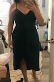 This dress is so flattering. Usually I stay from V necks but this fits like a glove and flows so nicely. The fabric is thick enough that you don't need a bra but thin enough that any wrinkles will shake out. The slit is a little revealing but I just put a little safety pin and it worked nicely. I wore it to a quinceañera and received lots of compliments! - Isabel J.