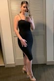 I LOVE this dress. I originally ordered (3) that I needed to exchange for size and they were out of stock and found this one instead. I'm so happy I got it. It hugs you in all the right places, the slit is so nice but not too much and the back gold zipper is a perfect detail! I wore it to a wedding and got compliments all night! It was very comfy and didn't rise up at all throughout the night. Highly recommend! - Kathleen N.