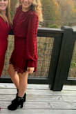 Wine/maroon colors are very trendy during Fall and I found the color on the dress to be a vibrant maroon, perfect for my personality. The dress creates a waistline for you and allows attention to be drawn up and down the dress from the different textures and patterns. The sleeves are loose but tight at the wrist which creates almost a boho feel for me. It was so much fun to dance in and perfect for a Fall wedding. I felt classy and fun all at the same time. I paired the dress with similar shoes and kept the heel chunky and high. - SARAH W.