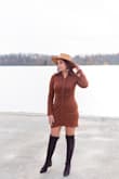 Really liked this dress. You can dress it up or down. I had a birthday photoshoot wearing it and the color looks great for fall pictures. I wore it with a hat from Lulus as well. If you're in between sizes I recommend sizing up. I'm between a medium and large, and the large was perfect. - Simeris