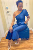 Loved this look so much. Felt glamorous and the color is so vibrant. The top part is very tight across the chest area so if you have a full chest size up. There is no stretch. Loved the lighter feel of the material. I wore it to a symphony and received many compliments. I suggest a silicone bra with it just to have a little coverage vs no bra. Overall, a great jumpsuit that is definitely a statement piece. - Makeda W.