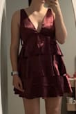 This dress is so amazing in-person and pictures do not do it justice! The material is thicker and very high quality. The dress fits very comfortably, and it was flattering. The only complaint I have is it is pretty short in the back, but it is not that bad. Altogether this is one of my favorite dresses, and I absolutely love it! - Lily R.