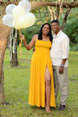 This dress is beautiful and elegant with the mustard color and side split letting it stand out. No regrets purchasing it. - Sharlene J.