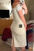 I cannot wait to wear this to my tea party bridal shower. It's simple enough to add a lot of accessories but still super trendy. It also gives me an hourglass shape which is a plus. I love it! The inside of the dress also has a sticky lining to help keep the dress up. My chest is on the smaller side so that's a huge plus! - Brittany S.