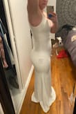 I ordered this dress to wear at a white party on the beach the day after my wedding. The dress is great quality, not see-through at all, it was a little tighter on my abdomen than I would like for photos so I am ordering it in the next size up (I am always in between sizes with Lulus). The material is very stretchy and comfortable but also looks very elegant. Can't wait to wear it! The dress is very long on me and would likely need to be hemmed unless you are wearing very tall heels or are on the taller side. - Bailey C.