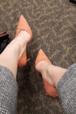 W: 136 lbs
H: 5'6"
Shoes size: 8
Normally, my shoes size are 7.5, but this shoes is pointy so I size up to 8 and it fit well around my toes. Slightly loose by the heels but not a problem.
The velvet material and the pink-ish orange-ish color can match with all of my clothing pieces. - Anh D.