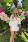 I absolutely love this dress, it's flattering and shows off just enough. I've got really long legs and was not uncomfortable with the length. The sleeves are so cute and I love all the cut-out details. - Naomi U.