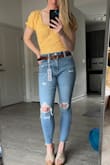 I love these jeans! From the picture, I thought they would be a more relaxed fit (even though it does say they are skinny jeans) - but they are indeed more of a skinny jean. (Which I love too as an "geriatric" millennial lol) Material is great, stretchy, very comfortable, not tight. I ordered a 29 (5'8, 145lbs) which is around what I usually get at Lulus. I'm sure I would have been fine too with a 28 as well. - Jessica D.