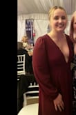 Beautiful maroon color, lightweight fabric, and the deep v is flattering. I would get it shortened a bit if I were to wear it again, it was a little long in heels. I thought I'd have to be worried about nip slips but even when my fashion tape unstuck itself, all was good throughout the event. - April V.