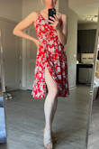 I'm usually between a S and M, ordered a M and it fit perfect (has adjustable straps too) This is very lightweight, will definitely work when its hot outside. I kept the black flower one and returned the red one (had more green in it than I was expecting). Its really cute, good Beth Dutton vibes lol. Slit is perfect but I'm tall, can imagine it might be too high if you're short (but could probably just stitch it up), the slit isn't very noticeable though since dress is flowy - I purposefully posed in my pics with the slit showing but it doesn't stay like that if that makes sense. - Jessica D.
