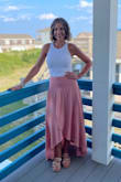 I bought this skirt for some family photos on the beach, and I couldn't have been happier with it!  It was flowy and lightweight and photographed beautifully!   I usually would get extra small but the reviews said it ran tight in the waist so I went with a small. I probably could have gotten away with an extra small, but it wouldn't have been as comfortable!  The back does drag on the ground, but I have a long torso and short legs so I knew that would likely be the case. I don't mind it! - Michal T.