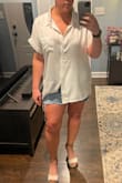 This is a perfect, relaxed and versatile top. I've worn it dressed up and dressed down, with layers or without layers. It is light without being too shear. The cuff on the arm is very flattering to give the shirt some shape and not just look boxy like some other short sleeve button-ups. 
Only con: it wrinkles easily. So make friends with your iron/steamer. - Kari B.
