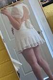 The dress is cute and seems well made (i.e., it is not see through and the fabric doesn't feel particularly cheap). It fits well in the bust and around the arms, but is entirely too short. The lining of the skirt being so much shorter than the 'flounces' on the outside provides no coverage if you're taller/have longer legs. I ordered a L and will try to exchange for a size up, but am worried that will make the bust too big in turn. Tough call! - Audrie F.