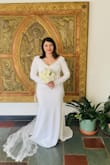 Not gonna lie, I was a little skeptical in buying this for my religious wedding so I bought two sizes: M and L. The medium honestly fit like a glove and the material of the dress was amazing. It was thick enough that you couldn't see any undergarments (I just wore Spanx under). I just added an embellished belt from my civil ceremony and my veil to complete my look. - Jennifer M.