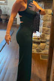 The material is the perfect Thickness for that feel of support but not too heavy. I have a long waist and short legs. In the picture I have on 3 1/2 inch heels. I am 58 years old so I I placed removable cups freely under my breasts and they feel secure.The green is exactly as pictured. I would not change a thing about this jumpsuit. The dot You see on my left hip is the spare button I have not cut out yet - Dawn C.