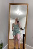 This is so cute, the color is a little different in person and may vary from size to size, I tend to wear a small in dresses unless the fabric has no give, I used their size suggestion which told me to get a medium and it was really inaccurate for my build.  I had to size down to an XS in this run really large but super comfy!! Is made of some sort of sweatshirt material so not super light fabric also maybe not best on super hot days as it might get a little sticky. Overall very cute, easy outfit, for more casual/lounging days and size down !! The First photo is the M, the second is the XS. - Robyn D.