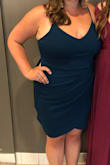 Very stretchy material despite it being body con. The way it falls in the front is very flattering. I wish the straps were adjustable but other than that it was perfect for a summer wedding guest dress! - Kasey P.