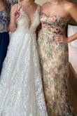 This dress is absolutely beautiful. It has a romantic air and it was perfect for a Spring wedding night. In-person is less blush than how it looks in the pictures and it has hints of something like olive green and rustic beige. It has good length, so you need really high heels or need to adjust it, in my case I used 10cm/4.5" nude heels. It is lightweight and you can easily move and dance, besides the zipper in the back, it is easy to adjust with the lace. Super recommended.
The only thing I found interesting was the cleaning and care. Can't be washed or dry cleaned. - Sara G.